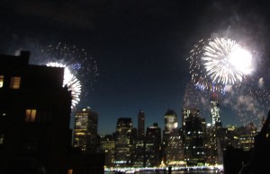 A partially obstructed view of the fireworks, but a gorgeous view of Lower Manhattan!